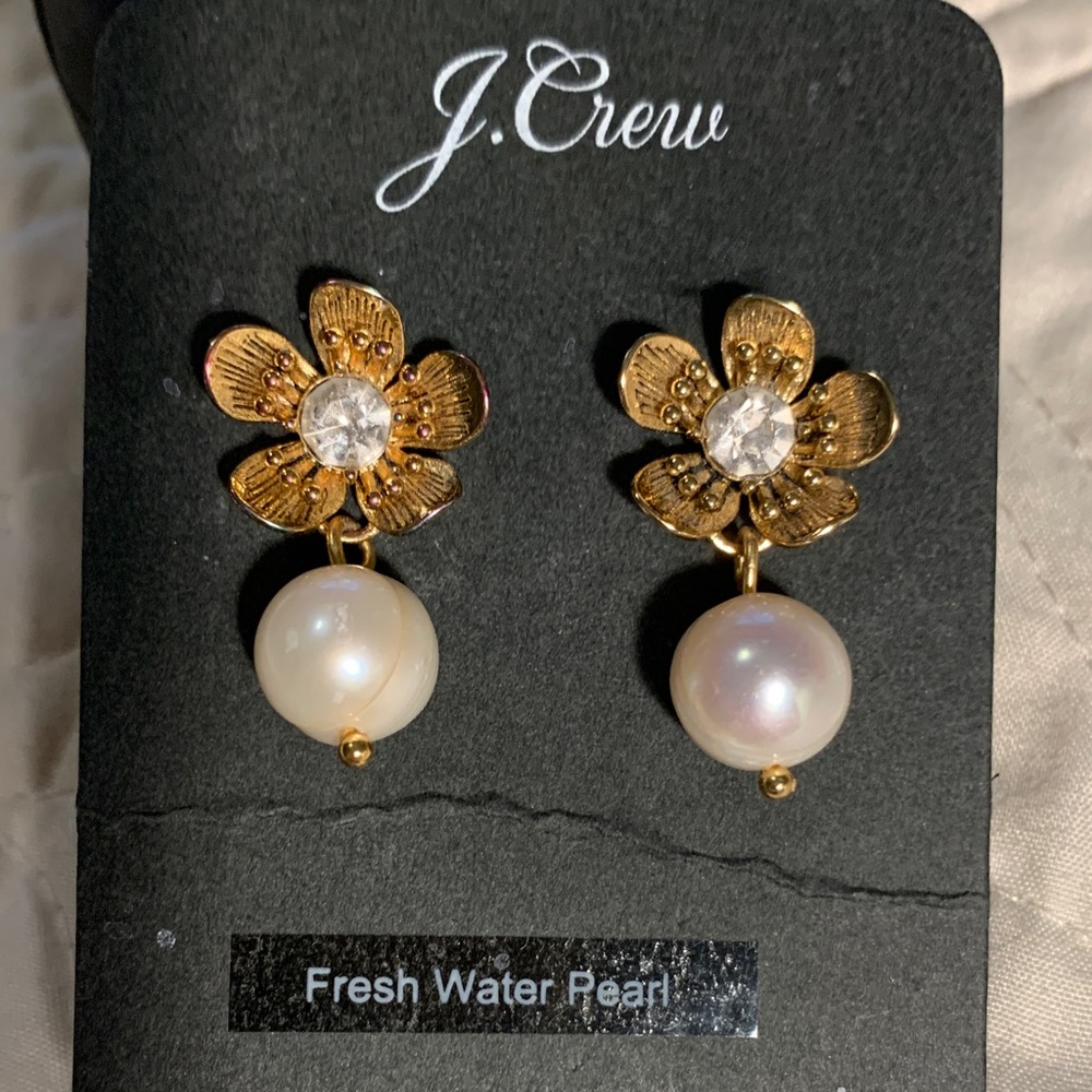 J. Crew Gold Floral Earrings with White Pearl Drops